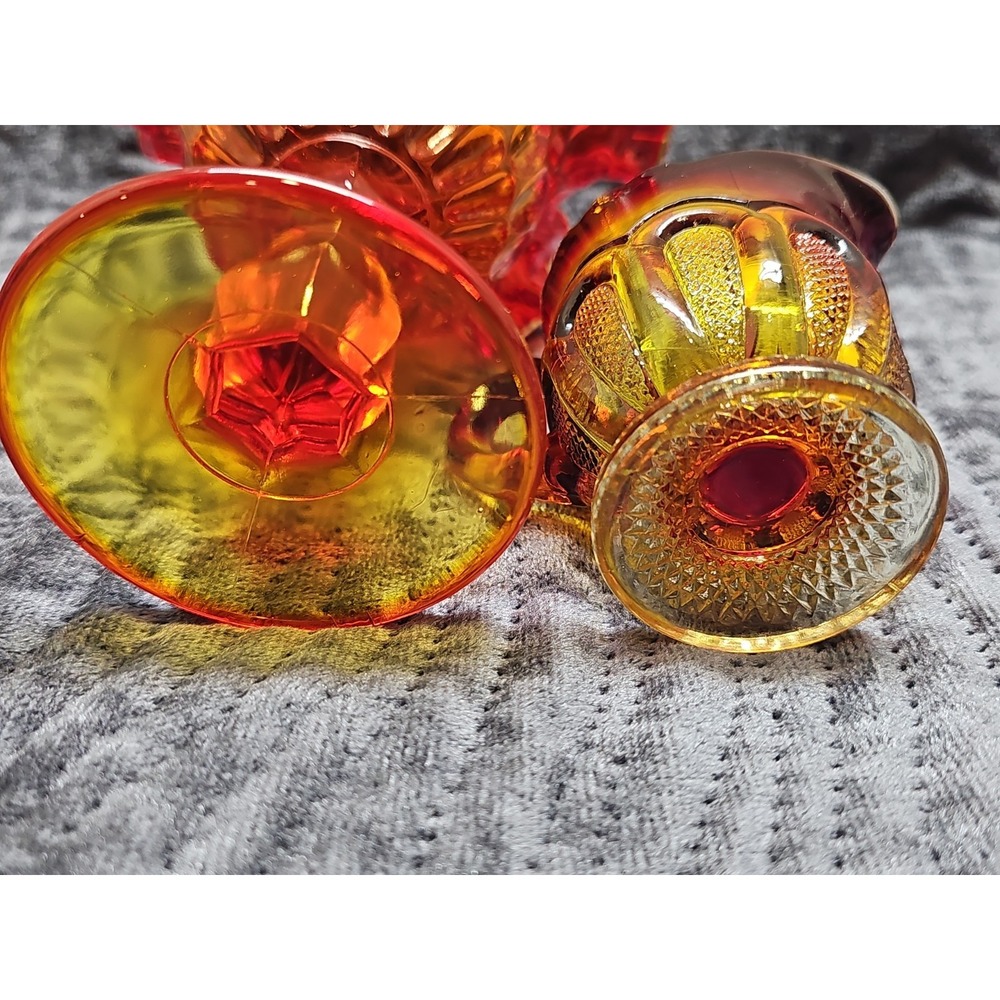 Vintage Glass Amber Brown Hobnail Crimped Rim Candy Bowl & Creamer Pitcher - Picture 5 of 5